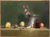 Still Life Scene of Vessels and Fruit by Alice Koscielna, circa 1991, Oil on Canvas, sold May 2025
