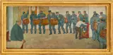 Leaving on Schedule by Arnold Friedman, circa 1935, Oil on Wood Panel, sold May 2025
