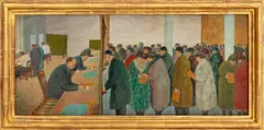 Money Order Window by Arnold Friedman, 1935, Oil on Wood Panel, sold May 2025