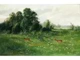 Frühlingswiese mit Rehen by Alexander Steinbrecht, oil on canvas, sold Jun 2023