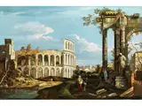 Architekturcapriccio mit Tempelsäulen und der Arena von Verona by Canaletto, oil on canvas, offered Jun 2024