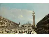 Markusplatz mit der Basilika und dem Glockenturm by Bernardo Bellotto, genannt „Canaletto“, 1721 Venedig – 1780 Warschau, oil on canvas, sold Jun 2024