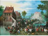 Dorflandschaft am Wasser mit Viehmarkt by Jan Brueghel d.Ä., oil on copper, sold Sep 2018