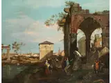 Ruinencapriccio mit Römisch-antiken Figuren und Denkmälern Sowie der Vedute der Stadt Padua by Canaletto, oil on canvas, sold Jun 2023