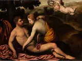 Liebespaar mit Landschaft (daphnis und Chloe mit Cupido) by Paris Bordone, oil on canvas, offered Jul 2015