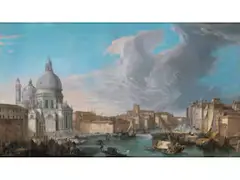 Blick Über den Canal Grande auf die Kirche Santa Maria Della Salute by Luca Carlevaris, oil on canvas, sold Sep 2023