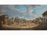 Grosses Panoramagemälde mit Blick auf das Forum in rom by Giovanni Paolo Panini, oil on canvas, sold Dec 2025