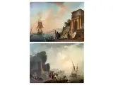 Zwei Mediterrane Ansichten im Abendlicht mit Schiffen, Personen und Architekturstaffage by Charles François Lacroix de Marseille, oil on canvas, sold Sep 2019