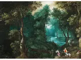Sumpfige Waldlandschaft mit Jägern by Jan Brueghel d.Ä., oil on panel, sold Jun 2023