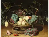Stillleben mit Obstkorb und Nelke by Isaak Soreau 1604 Hanau – nach 1645 ebenda, oil on panel, sold Mar 2023
