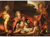 Die Heilige Familie mit Johannes und Musizierendem Engel by Joachim Antonisz Wtewael, um 1566 Utrecht – um 1638, oil on panel, sold Mar 2024