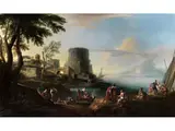 Stimmungsvolle Küstenlandschaft mit Figuren by Andrea Locatelli, oil on canvas, offered Sep 2022