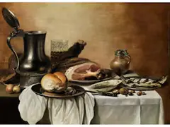 Stillleben mit Zinnkanne, Einem Glas Bier, Gekochtem Schinken und Aufgeschnittenem Fisch by Pieter Claesz, oil on panel, sold Jun 2019