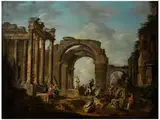 Römisches Ruinencapriccio mit Darstellung der Predigt Einer Sybille by Giovanni Paolo Panini, oil on canvas, offered Sep 2017