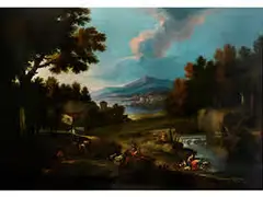 Grosse Landschaft mit Fluss, Figuren und Gebäuden vor Einem see im Hintergrund by Marco Ricci, oil on canvas, sold Sep 2016