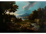 Grosse Landschaft mit Fluss, Figuren und Gebäuden vor Einem see im Hintergrund by Marco Ricci, oil on canvas, sold Sep 2016