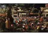 Übergabe der Geschenke zum Bauernfest by Marten van Cleve d. Ä., 1527 Antwerpen – 1581 ebenda, oil on canvas, sold Mar 2023