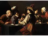 Kartenspieler am Tisch mit Einem Kiebitz by Theodor Rombouts, oil on canvas, sold Mar 2025