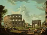 Forum in rom mit Colosseum, Konstantinsbogen und dem Borghesischen Fechter by Giovanni Paolo Panini, oil on canvas, sold Sep 2021