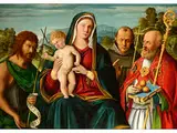 Die Madonna mit dem Kind und Drei Heiligen by Girolamo da Santacroce, oil on canvas, sold Dec 2018