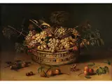 Stillleben mit Korb, Trauben und Pfirsichen by Paul Dorival, oil on canvas, offered Mar 2023