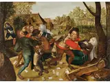 Bauernstreit Beim Kartenspiel by Pieter Brueghel d. J., um 1564 Brüssel – 1637 & 38 Antwerpen, oil, sold Jun 2023