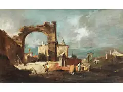 Capriccio mit Ruinen Eines Bogens und Einer Villa im Hintergrund by Francesco Guardi, oil on canvas, sold Mar 2025