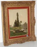 Flusslandschaft mit Booten by Marcellin de Groiseilliez, oil on canvas, sold Jun 2015