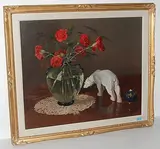Stilleben mit Nelken und Porzellan-Eisbär by Mario Simoni, oil on board, sold Jun 2015