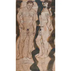 Phillippe and Eddie Sparring by Guy Anderson, 1977, oil on tarred roofing paper, sold Feb 2024