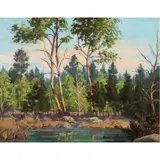 Trees by River by Marion Wachtel, oil on board, sold Feb 2024
