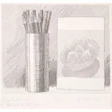 Pencils and Card by Mark Adams, 1981, etching, sold Feb 2024