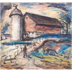 The Red Barn by Louis Siegriest, 1948, oil on board, sold Feb 2024