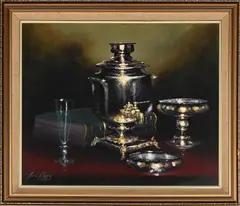 Still Life with Samovar by Denzil Herring, oil on canvas mounted on board, sold May 2026
