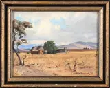 Buildings in a Landscape by Willem Hermanus Coetzer, oil on canvas mounted on board, sold May 2026