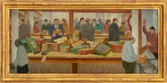 Parcel Post Window by Arnold Friedman, 1935, Oil on Wood Panel, sold May 2025
