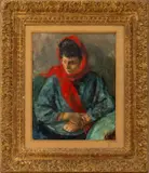 The Red Scarf by Robert Philipp, Oil on Canvas, sold May 2025