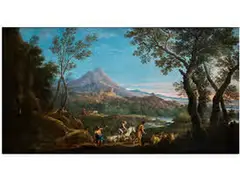 Weite Landschaft mit Fantasievoller Darstellung des Sibyllentempels in Tivoli mit Figurenstaffage by Andrea Locatelli, oil on canvas, sold Sep 2017