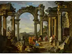 Antike Ruinen mit der Predigt des Heiligen Paulus by Giovanni Paolo Panini, oil on canvas, sold Sep 2017