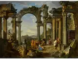 Antike Ruinen mit der Predigt des Heiligen Paulus by Giovanni Paolo Panini, oil on canvas, sold Sep 2017