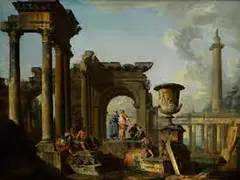 Ruinencapriccio mit Figuren by Giovanni Paolo Panini, 1691 Piacenza – 1765 Rom, oil on canvas, sold Sep 2017