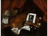 Vanitas Stillleben mit Musikinstrumenten, Schädel, Globus und Maltutensilien Sowie Einem Kupferstich von van Dyck by Jacques Grief de Claeuw, 1623 Dordrecht – 1694 Leiden, oil on canvas, offered Sep 2017