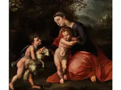 Maria mit dem Kind und Johannesknaben by Henrik de Clerck, um 1560 Brüssel – 1630, oil on panel, sold Apr 2018
