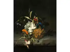 Stillleben mit Weisser Kamelie, Ringelblumen, Vergissmeinnicht, Einem Falter und Insekten by Rachel Ruysch, oil on canvas, sold Jun 2021
