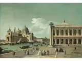 Piazzetta in Venedig mit der Libreria, Zufahrt zum Canal Grande und Santa Maria Della Salute by Bernardo Canal, oil on canvas, sold Jun 2022