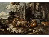 Ruinenlandschaft mit Leoparden Einen Hirschen Reissend by Jan Brueghel d.J., oil on canvas, offered Dec 2020
