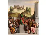 Paulus Predigt vor dem Areopag by Benvenuto Tisi, oil on panel, offered Sep 2019