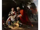 Der Verwunderte Kreuzfahrer Tankred Wird von Erminia in der Schlacht Aufgefunden by Pietro Lucchini, 1800 – 1883 Bologna, oil on canvas, sold Dec 2018