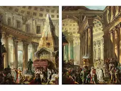 Paar Architekturcapricci by Robert Hubert, oil on canvas, sold Jun 2019