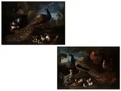 Grossformatige Darstellungen von Pfauen, Umgeben von Weiterem Federvieh by David de Coninck, oil on canvas, sold Dec 2016